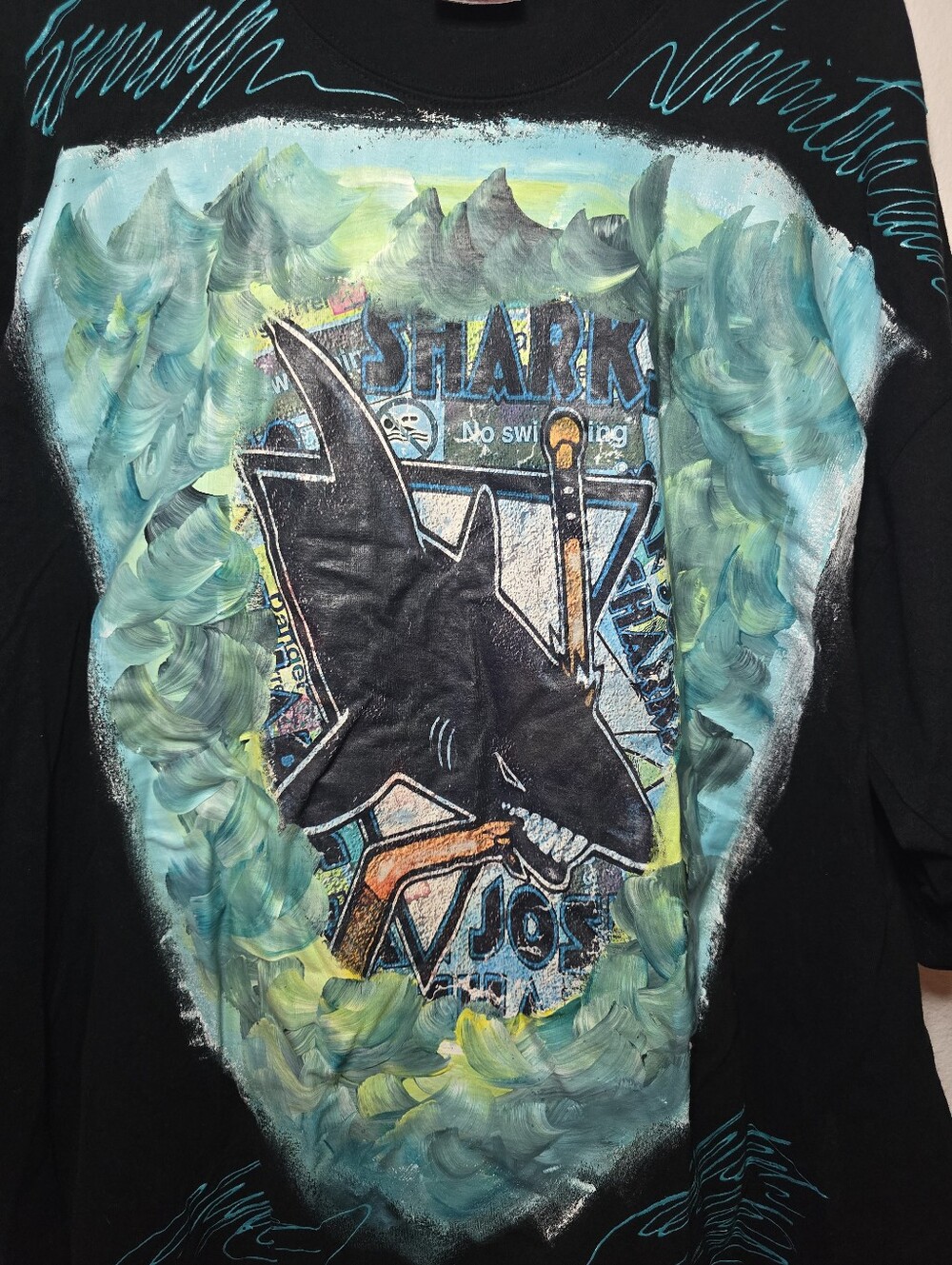 Vintage San Jose Sharks Custom Painted 1-of-1 Graphic T-Shirt Black(3xl)